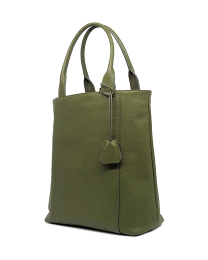 Pebble-Grain Leather Long Tote (Olive Green)