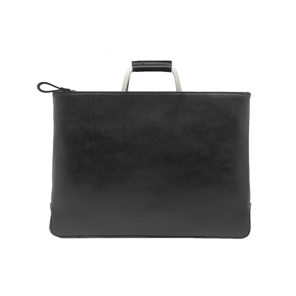 Brass handle leather briefcase made from Svezia Tumbled Leather in Nero finish, showcasing a stylish black design.